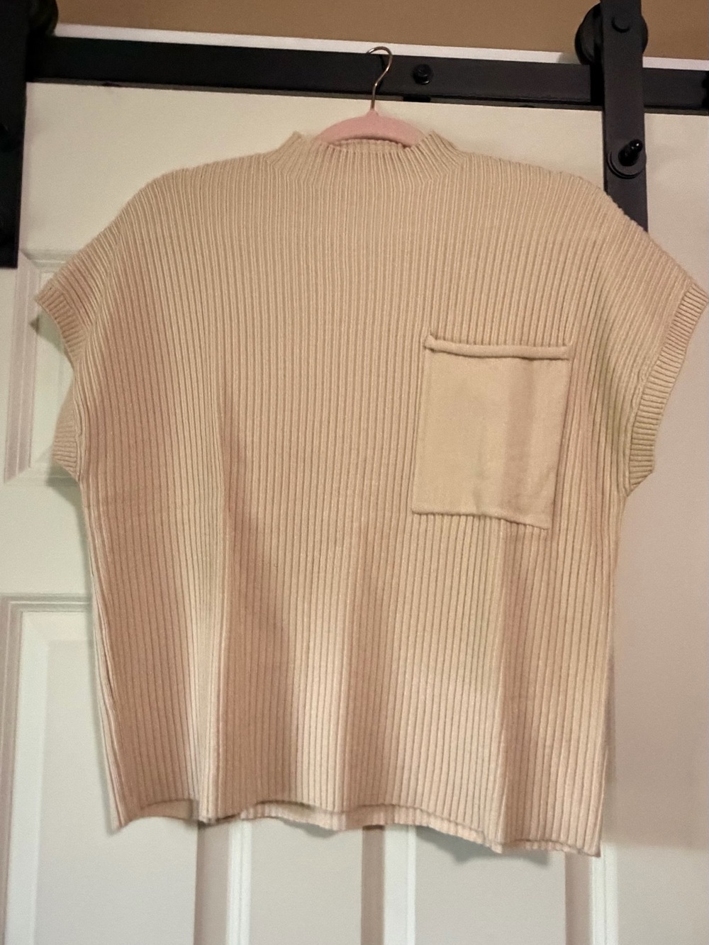 Cream Ribbed Short-Sleeve Pocket Knit Top